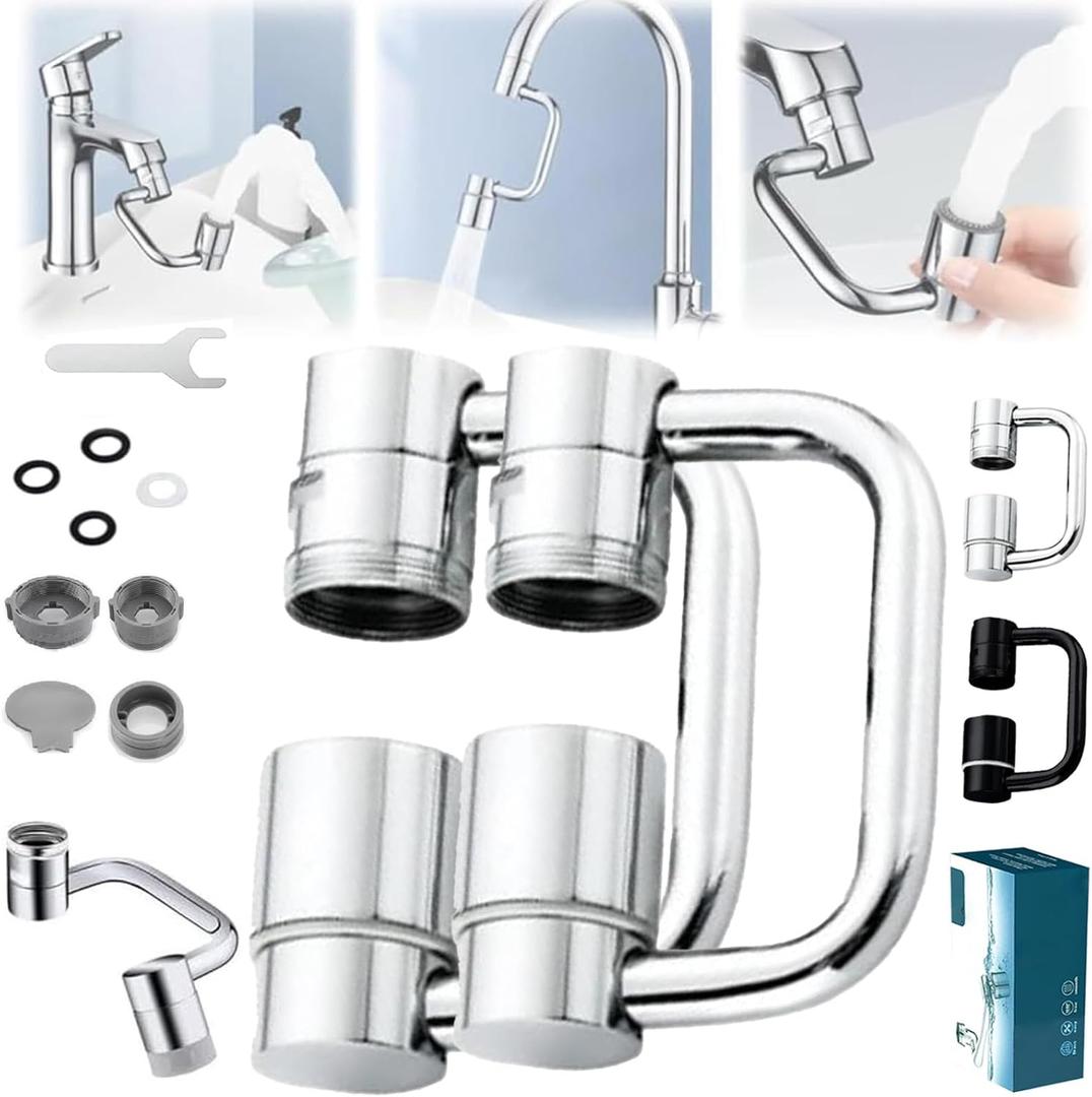 Universal Sink Faucet 1440 Rotatable Faucet Aerator Extension, U Shaped Faucet Extender for Toddlers, Flexiflow 1080 Rotating Faucet Extender for Bathroom Sink/Kitchen, 2 Modes Adjustable (2*Silver)