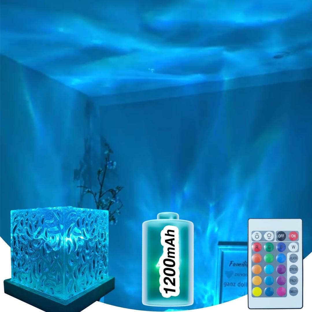 Ocean Wave Projector Light Cordless - Battery Operated Under Water Lamp Cube Northern Lights Aurora Projector Rechargeable Night Light for Shower Bedroom Stress Relief (Wireless)