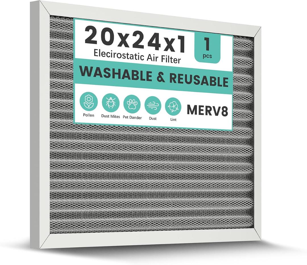 20x24x1 HVAC Furnace Air Filter, Washable Electrostatic Furnace Filter, MERV 8, Lasts a Lifetime, Breathe Fresher, Home And Office (Actual Size:19.61x23.39x0.82)