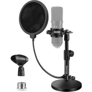 BILIONE Multifunctional Desktop Microphone Stand, Adjustable Mic Stand Desk with Pop Filter, Shock Mount, Microphone Clip, 5/8" to 3/8" Metal Screw Adapter (Round Base)