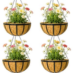 12 Inch Metal Hanging Planter Basket with Coconut Fiber Liner Hanging Plant Flower Pot for Home Garden Patio Decoration, Metal Flat Iron Pattern, 4 Pack