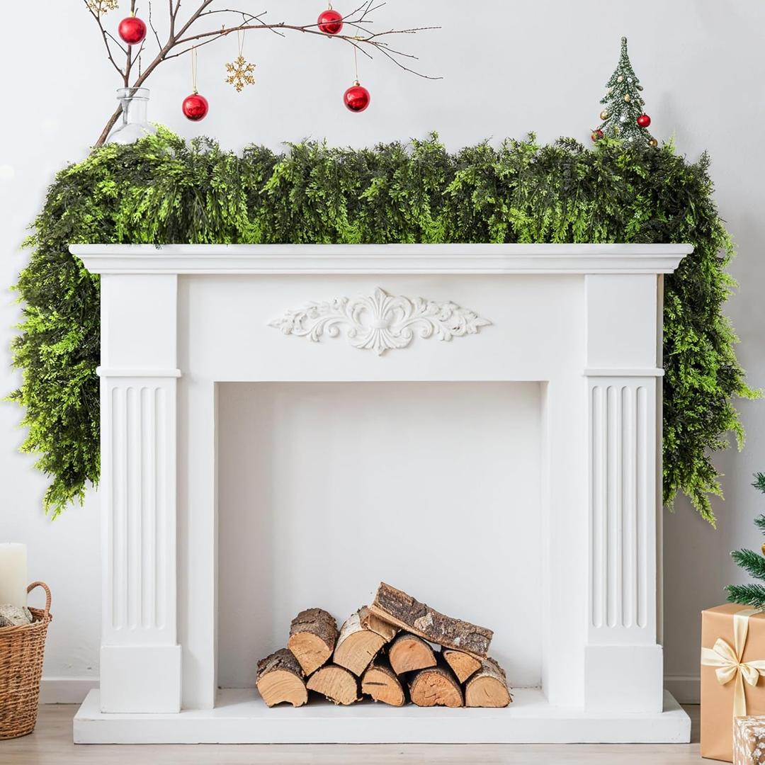 4 Pcs Artificial Cedar Garlands, 6 FT Real Touch Winter Cedar Garland, Green Artificial Greenery Pine Garland for Table, Mantle, Wall, Indoor, Outdoor Christmas Decorations