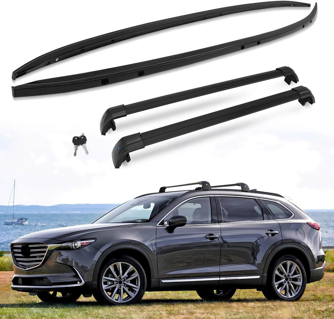 Lockable Cross Bars & Roof Rails Fit for Mazda CX9 CX-9 2016-2023 - Aluminum Alloy Set of 4 with 2 Roof Racks and 2 Side Rails - Clamp on