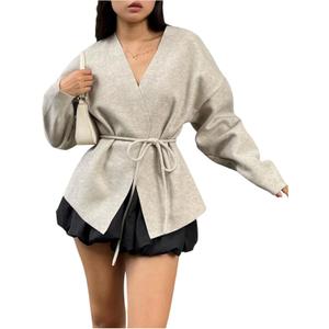 Verdusa Women's Fall Clothes Cardigan Sweaters Wrap Sweater Long Sleeve Tie Knot Sweaters Outerwear (Apricot), Small