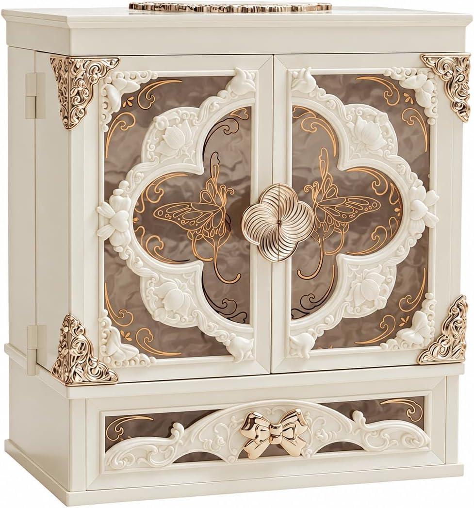 Vintage Makeup Box Organizer with Lighted Mirror and Drawers(Off-white)