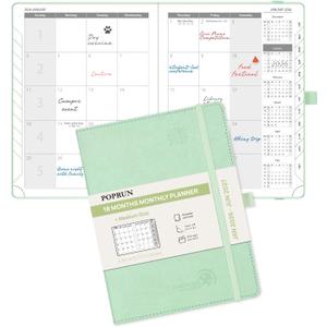 POPRUN Monthly Planner 2026-2027 (Medium- 6.5'' x 8.5'' Soft Cover), 18-Month Calendar Book (Jan.2026 - Jun. 2027), Calendar Planner with Monthly Tabs & Pocket, 100 GSM Paper - Green