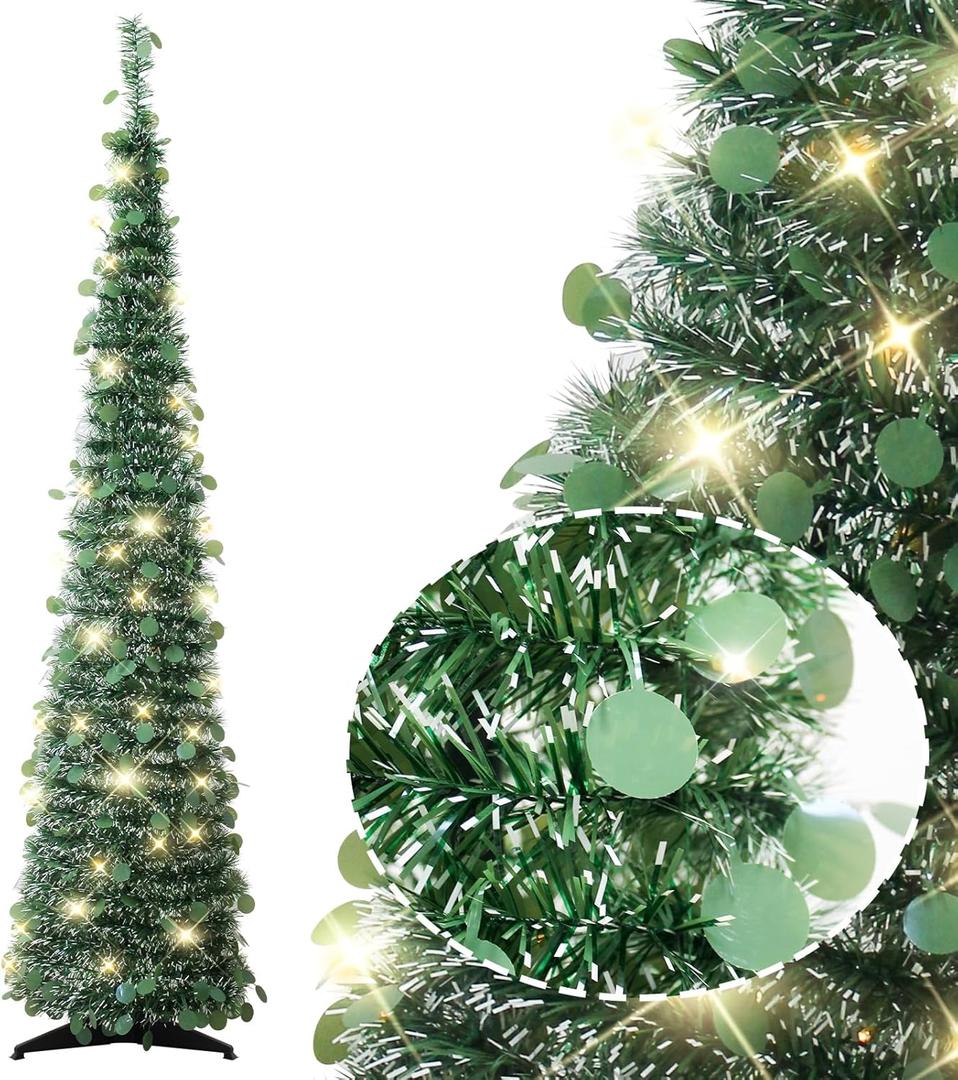 5FT Pop up Christmas Tree for St Patrick's Day Indoor Decor,Pre-lit Mini Christmas Tree with 60 Lights,Green White Artificial Pencil Tree Collapsible Tinsel Lighted up Easter Decor Tree with Glitter