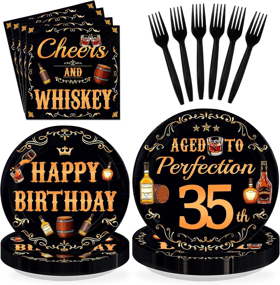 96 Pcs Whiskey 35th Birthday Party Supplies Aged To Perfection 35th Plates and Napkins Disposable Cheers and Whiskey Tableware Set for Men Vintage 35 Years Old Birthday Party Decorations Serves 24