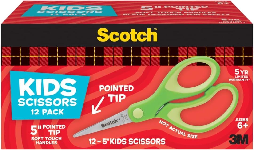 Scotch 5" Soft Touch Pointed Tip Kids Scissors, 12 Count Teachers Pack, Green, All-Purpose Scissors for School and Crafts (1442P-12) (Unit, Assorted Colors)