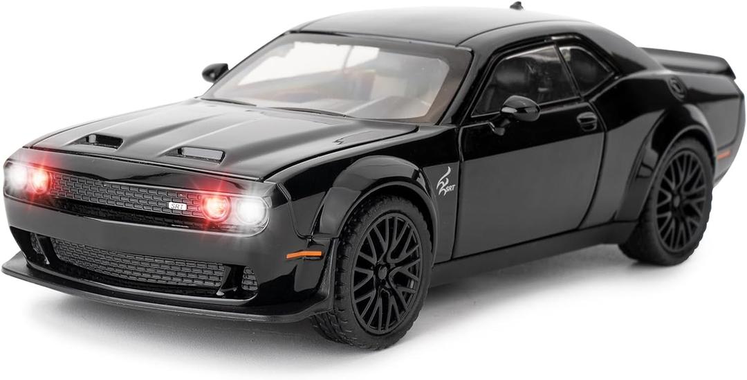 BDTCTK 1/32 Dodge Challenger Hellcat Model Car, Zinc Alloy Pull Back Toy car with Sound and Light for Kids Boy Girl Gift(Black)