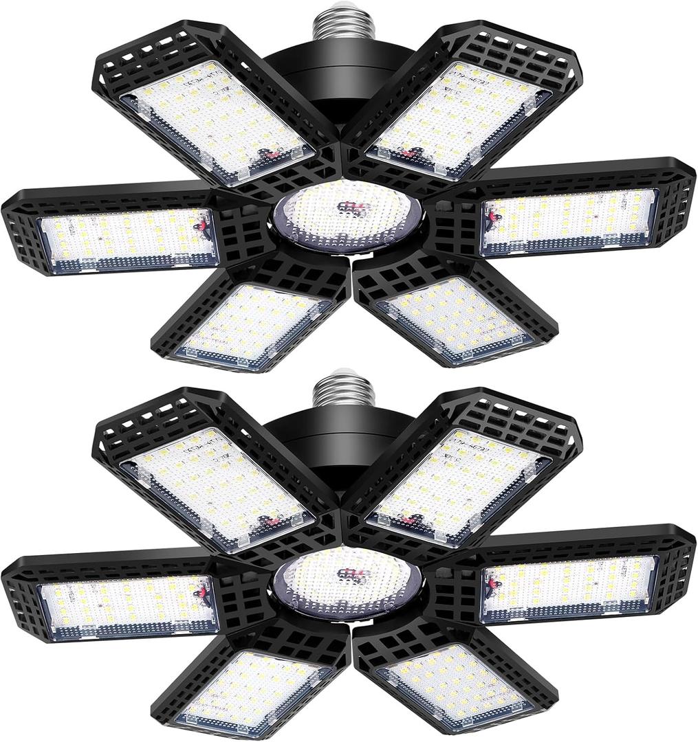 AUDLES 2 Pack Garage Lights, 200W 20000LM 6500K LED Shop Lights, Garage Light Ceiling Led with 6+1 Deformable Panels, Screw in E26/E27 Socket Bulb for Warehouse, Workshop, Basement, Barn Lighting