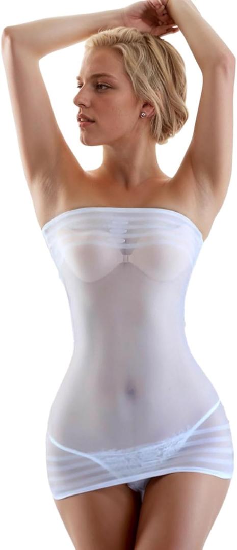 Women's Sexy Strapless Lingerie Mesh Sheer Tube Mini Dress Chemise Bodysuit Valentines Day Lingerie, Onesize 70-165lbs