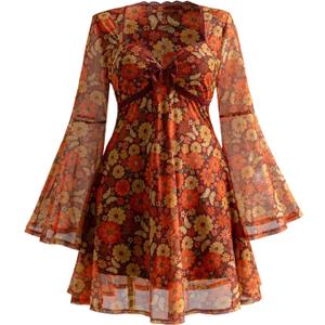 BEAUDRM Women's Y2k Hippie Vintage Boho Dress Leopard Bell Long Sleeve V Neck Bow Mesh Goth Mini Dresses,Medium