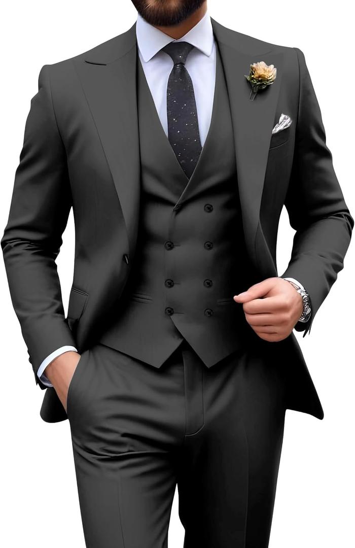 Mens Suit Slim Fit 3 Piece Double Breasted Suit Men Formal Tuxedo Set Casual Wedding Prom Groom Suits (Small, Dark Grey)