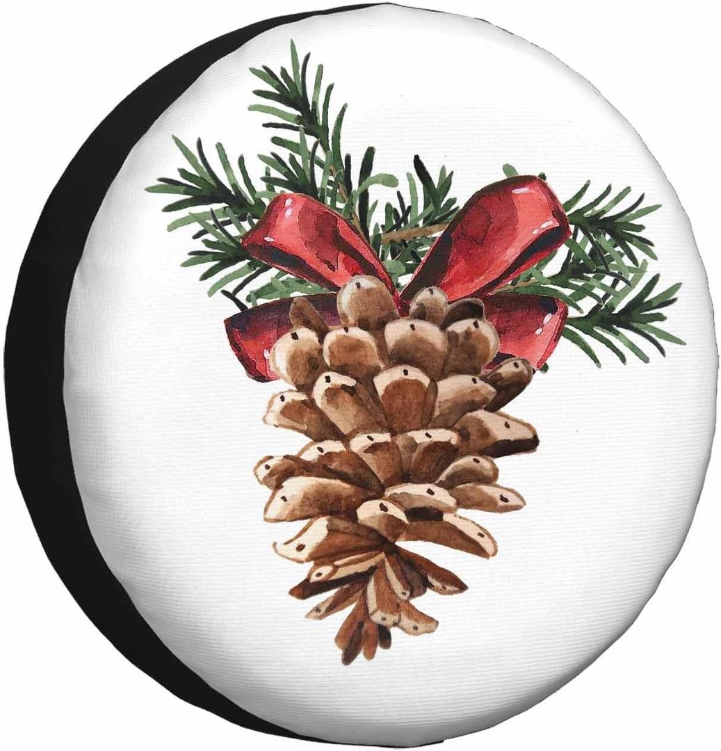 Pine Cone Spare Tire Cover Hand Drawn Watercolor Christmas Day Decoration Botanical Weatherproof Universal Wheel Protectors Camper Tire Covers for Trailer Rv Travel(17 inch) (17" fits tire cover diameter 31"-35")