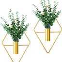 Canlierr 2 Pieces Gold Wall Decor Hanging Planters with Artificial Plants Metal Vase Indoor Plants Holder Modern Geometric Wall Art for Home Bathroom Bedroom Living Room Office(Eucalyptus,Medium)