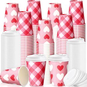 Jingmore 160 Pcs 12 oz Valentine's Day Disposable Coffee Cups with Lids Bulk Valentines Love Heart Paper Cup for Hot Chocolate Cocoa Tea for Galentines Anniversary Party Supplies (Pink Heart)
