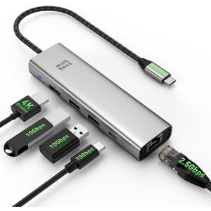 Minthouz USB C Hub, 6 in 1 Laptop Docking Station, Multiport Adapter with HDMI 4K@144Hz, 2500Mbps LAN, 10Gbps USB-A/C Ports, PD 100W Charging, Compatible with Surface, M1, M2, M3, HP, Lenovo