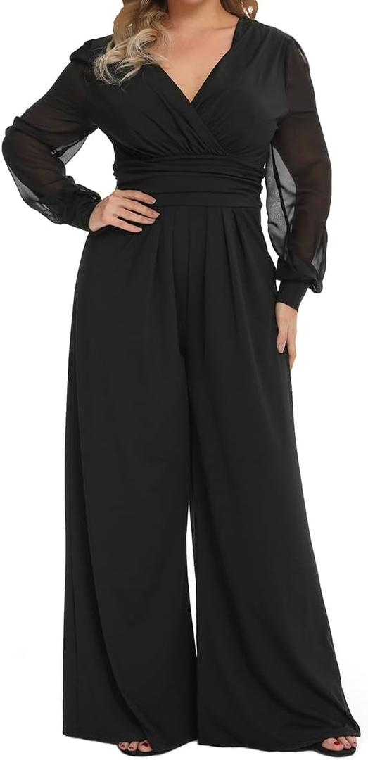 RED DOT BOUTIQUE 701 - Plus Size Mesh Long Sleeve V Wrap Neck Wide Leg Pants One Piece Jumpsuit (1X, Black)