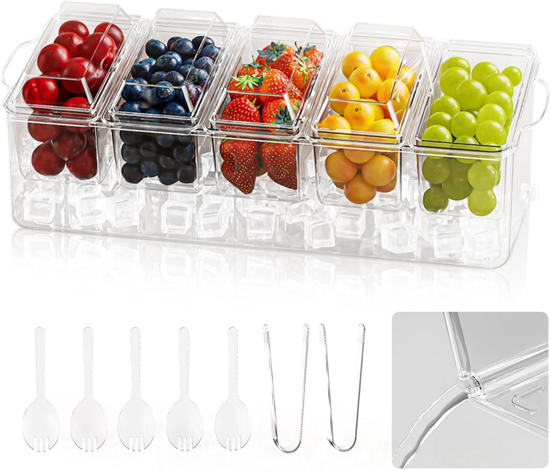 MIKESIER Ice Chilled Condiment Caddy, Condiment Tray Server with 5 Containers Lids, Fruit & Garnish Tray for Party Supplies & Bar Accessories, Set of 5 Serving Spoons & 2 Tongs Included