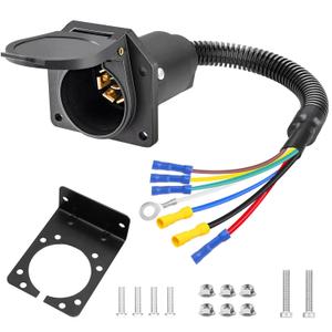 7 Pin Trailer Plug,7 Way Trailer Light Connector Socket, 7 Prong Electrical Truck End Wiring Harness Vehicle Side, 7 Pin Truck Plug Quick Converter with Mounting Bracket