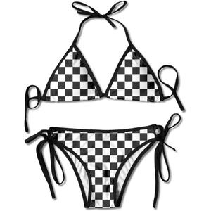 TZT Checkered Flag Sexy Boxing Bikini Women Halterneck Top and Set Swimsuits Beach Swimming, Black
