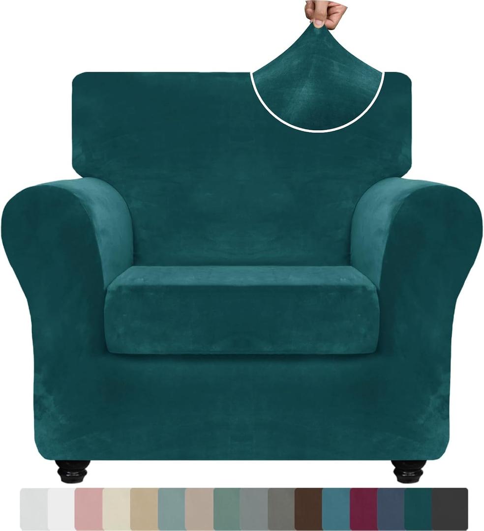 Luxury Velvet Chair Slipcovers with Arms 2 Piece Stretch Chair Covers for Living Room Soft Armchair Slipcover Anti Slip Dog Pet Friendly Furniture Protector (Deep Teal),30"-47"(1 Cushion)