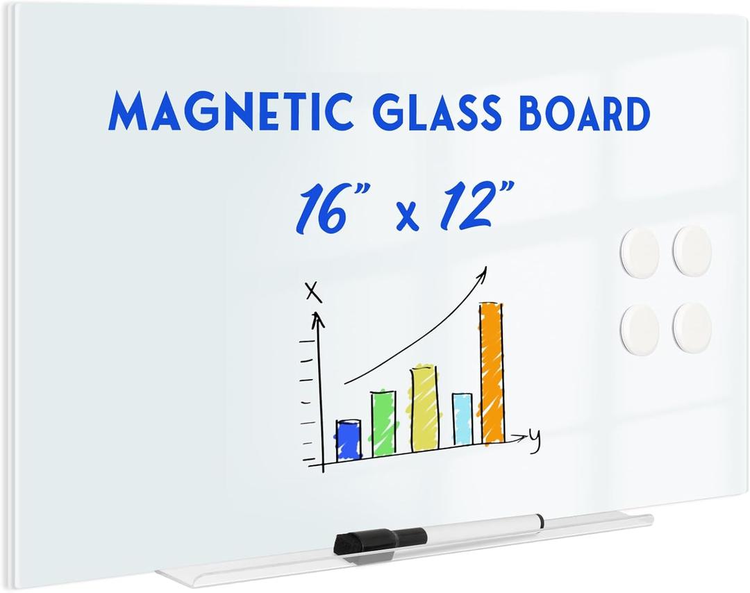 Magnetic Glass Whiteboard for Wall, 16" x 12" Glass Dry Erase Board, Frameless White Board for Home and Office - Normal White