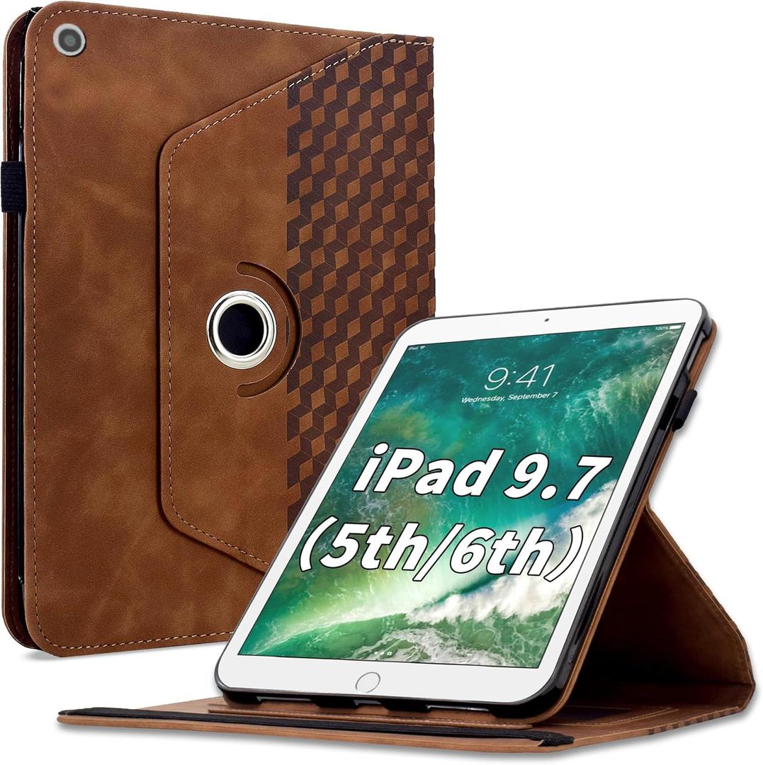 Case for iPad 6th / 5th Generation 9.7" 2018/2017,iPad Air 2 / Air 1 360 Degree Rotating PU Leather Folio Protective Cover with Auto Sleep/Wake,Card Holder&Shoulder Strap for Woman Man,Brown