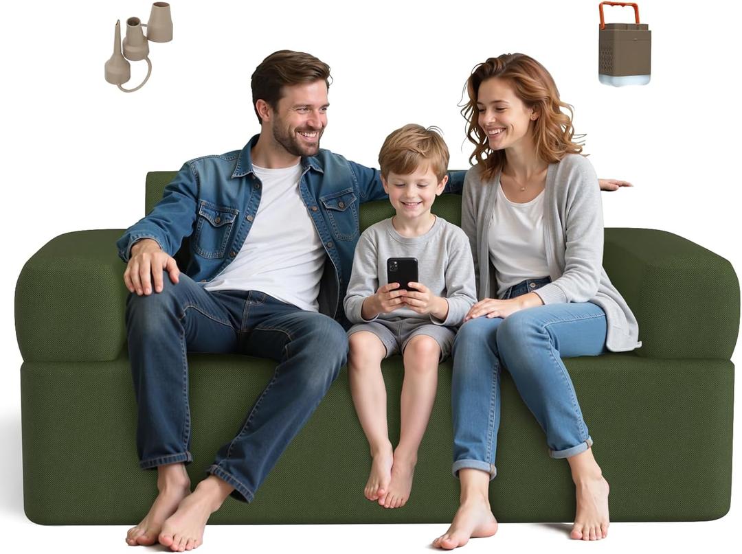 Double-Layer Inflatable Couch with Built-in Pump - Automatic Air Sofa Chair, Super Tough & Tear-Resistant Fabric for Camping, Outdoor, Travel, Home Use (Portable Luxury Comfort) (Full)