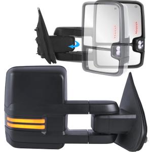 KUIPERAUTO Power Folding Towing Mirrors Compatible for 2007-2013 Chevy Silverado GMC Serria Yukon Suburban Tahoe, Heated Side Mirror w/White Running light Turn Signal Light, Extended Pair Set Black, Right+Left Side