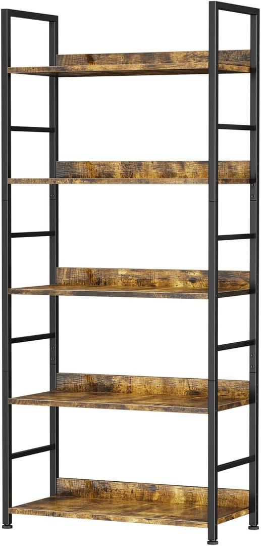 Book Shelf, 5 Tier Solid Wood Bookcase, Industrial Tall Corner Bookshelves Storage Organizer, Modern Display Standing Storage Shelves for Home Office, Living Room, Bedroom, Rustic Brown