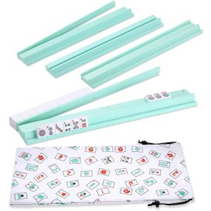 50cm Mahjong Racks with Pushers, Mint Green Wooden American Mahjong Tile Pushers & Racks Set of 4, with White Printed Mahjong Racks Drawstring Bag, Mahjong Accessories, 50 x 6.5 x 2.7 cm