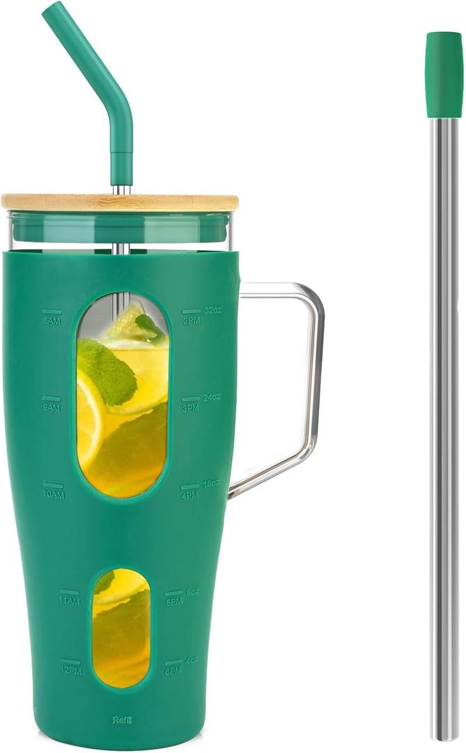 Zukro 40 oz Glass Tumbler with Handle, Reusable Water Tumbler With Straw and Lid and Time Marker Fits in Cup Holder, Drink Cup with Silicone Sleeve for Smoothie, Iced Coffee, BPA Free, Mint Green