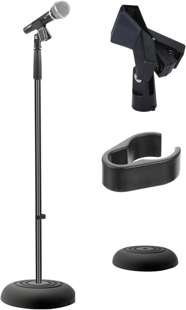Pyle Adjustable Microphone Stand - Universal Mic Stand with Compact Heavy Base, Floor Standing Design, Height Adjustable, Pivot Angle Clip for Singing & Recording (2.8 - 5 ft., 9.8 Base Diameter)