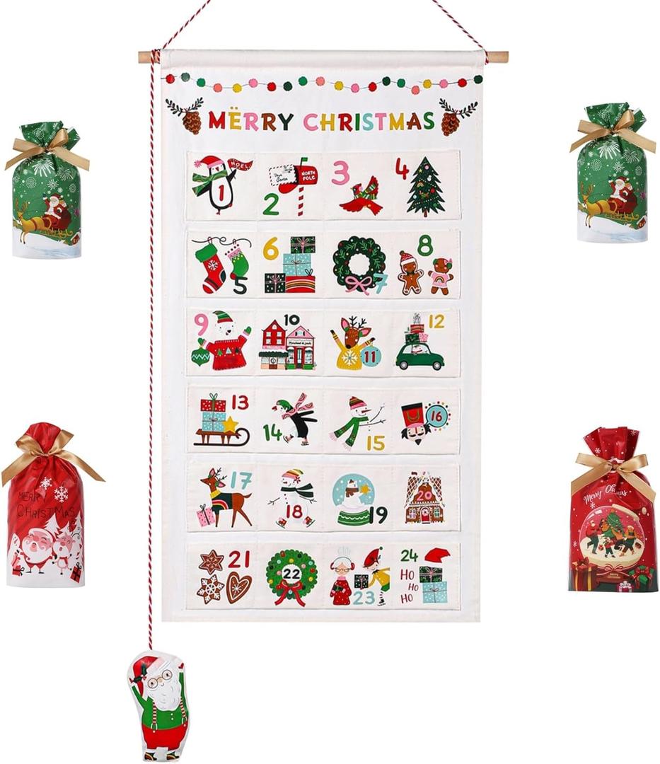 LYSXP Christmas Advent Calendar 2025 Countdown Fabric Wall Hanging Advent Calendars With 24 Pockets 13x23.5 Inch with 15 PCS Christmas Candy Bags