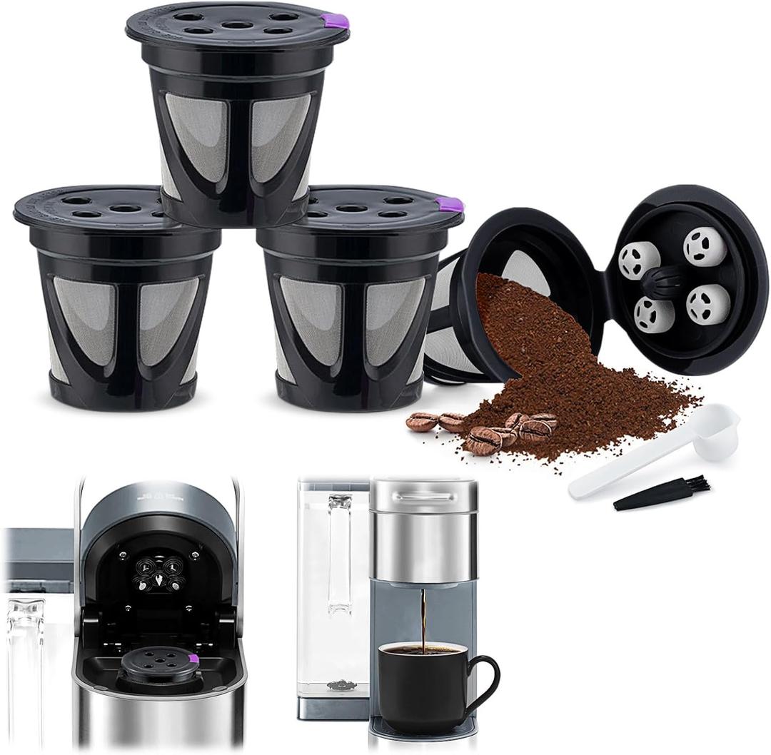 4 Pack Stainless Steel Mesh Refillable Coffee Pod Filter Reusable K Cups Coffee Pods with Spoon and Brush (Black)