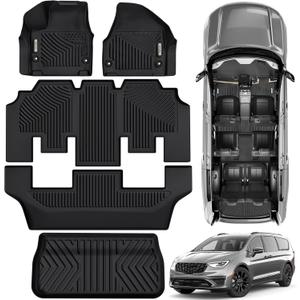 OEDRO Floor Mats & Cargo Mat Fit for Chrysler Pacifica 2017-2025 2026(No Hybrid Models), 7 and 8 Passenger Model, 2020-2025 Voyager Custom All-Weather Protection Full Set TPE Floor Liners