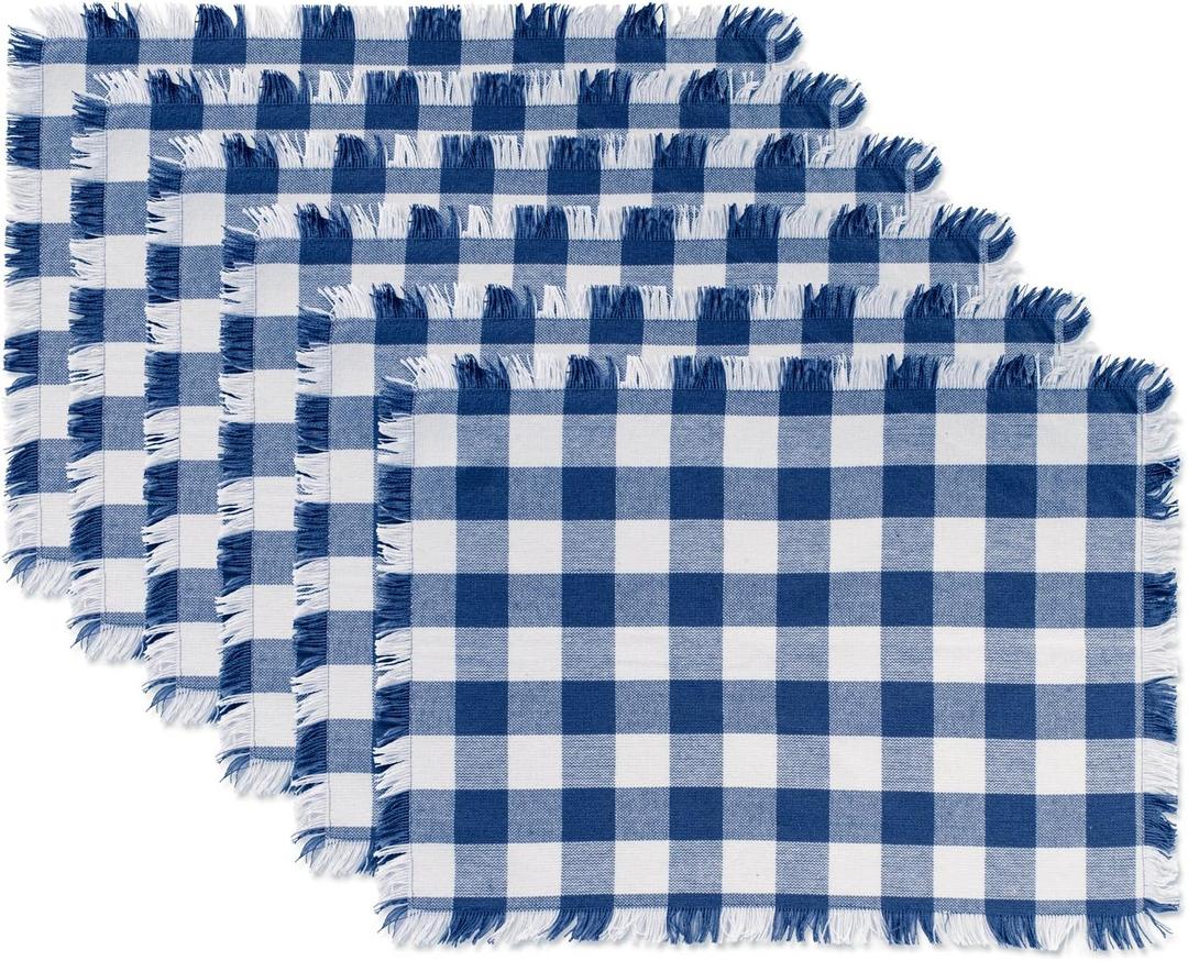 DII Heavyweight Fringed Check Tabletop Collection, Placemat Set, 13"x19", Navy, 6 Piece