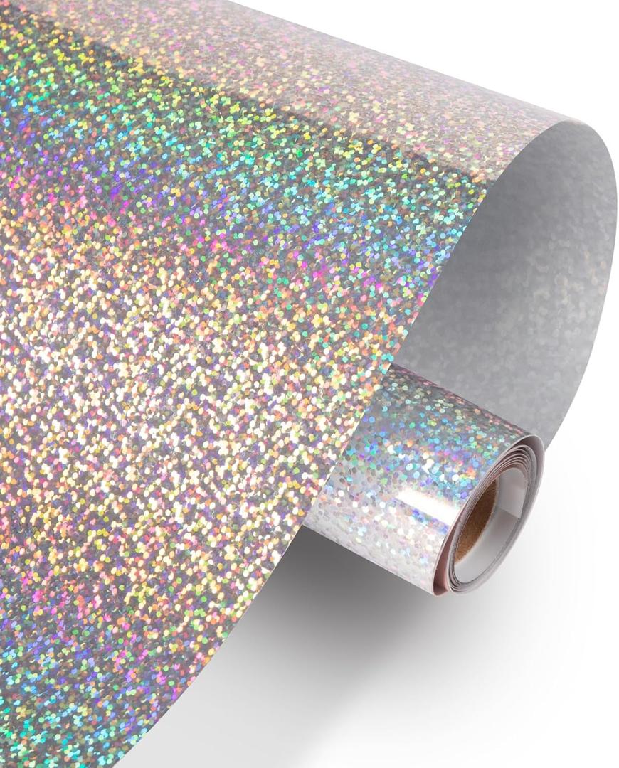HTVRONT Holographic Glitter Permanent Vinyl, 12" x 10ft Sparkle Silver Permanent Adhesive Vinyl, Easy to Weed & Transfer Glitter Roll Compatible with Cricut Cutting Machine, Crafts, Silhouette, Decal