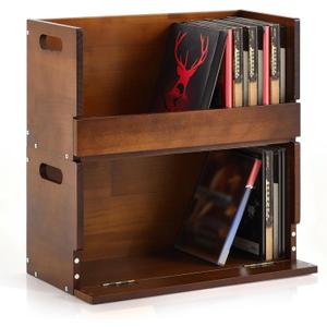 2 Set Wooden DVD Storage Box DVD Storage Shelf Holder Solid Wood Cassette Tape Display Organizer with Carrying Handle for CD, Movie Cases, Each Organizer Can Store up to 26 Boxes (Brown)
