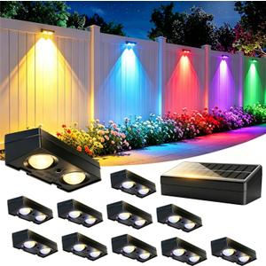Solar Fence Lights Outdoor Waterproof 12 Pack 60 LM Brighter Dual LED Spot Lens 12 Modes & 9 Colors Deck Lights Solar Powered Wall Lighting Decor for Outside Yard Step Patio Porch Railing Pool