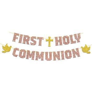 First Holy Communion Banner God Bless Decorations Baptism Bunting Garland Religious Christening 1st Birthday Baby Shower Party Decorations for Boys Kids - Blue Glitter