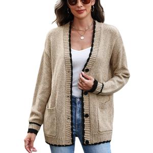 CiCiBird Womens Color Block Cardigan Sweater Fall Button Down Open Front Coatigan Soft Knit Coat with Pocket (L)