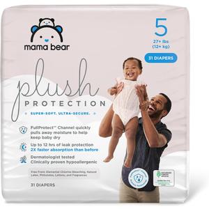 Amazon Brand - Mama Bear Plush Protection Diapers - Size 5, 31 Count, Hypoallergenic Premium Disposable Baby Diapers, White and Cloud Dreams