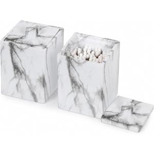 2-Pack Marble Pattern Cotton Swab Holders with Lids, Resin Bathroom Vanity Storage Jars, Square Qtip Containers for Cotton Balls, Pads, and More (White)