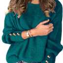 Womens Pullover Sweaters Batwing Long Sleeve Crewneck Casual Loose Knit Jumper Tops with Buttons (Green, L)