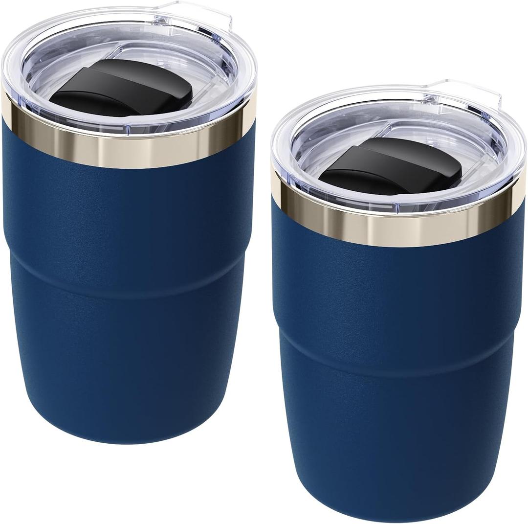 8 oz Small Coffee Cup with Magnetic Lid, Ceramic-Lined 18/8 Stainless Steel, Double-Wall Vacuum Insulated, Stackable, Dishwasher Safe, Mini Tumbler for On-the-Go, 2 Pack, Navy