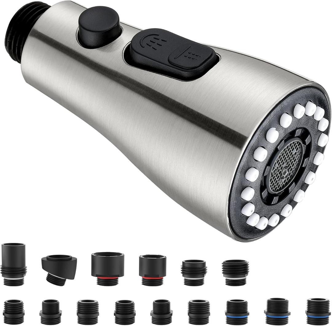 Metal Kitchen Faucet Head Replacement - Pull Down Sprayer Head for Kitchen Faucet, 3-Function Spray Nozzle with 15 Adapters, Sink Faucet Head Replacement Stainless Steel, Brushed Nickel