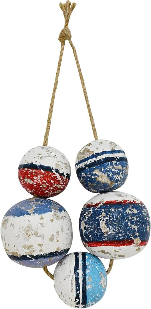 Wooden Buoy Beach Wall Hanging Decor, Decorative Fishing Float Ball Distressed Wood Buoy Ornament Coastal Beach Decorations for Home, Bathroom, Living Room, Bedroom and Dining Room (9L" x 8W")